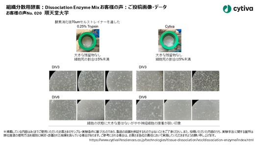 組織分散用酵素：Dissociation Enzyme Mix お客様の声 No020 順天堂大学 様